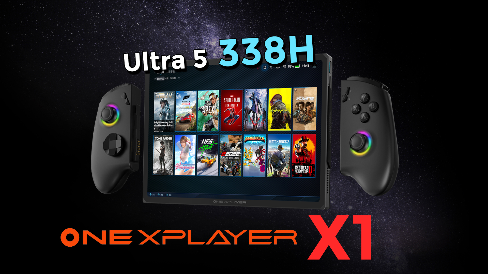 The ONE XPLAYER X1 gaming handheld is shown with detachable controllers and the text 'Ultra 5 338H'.