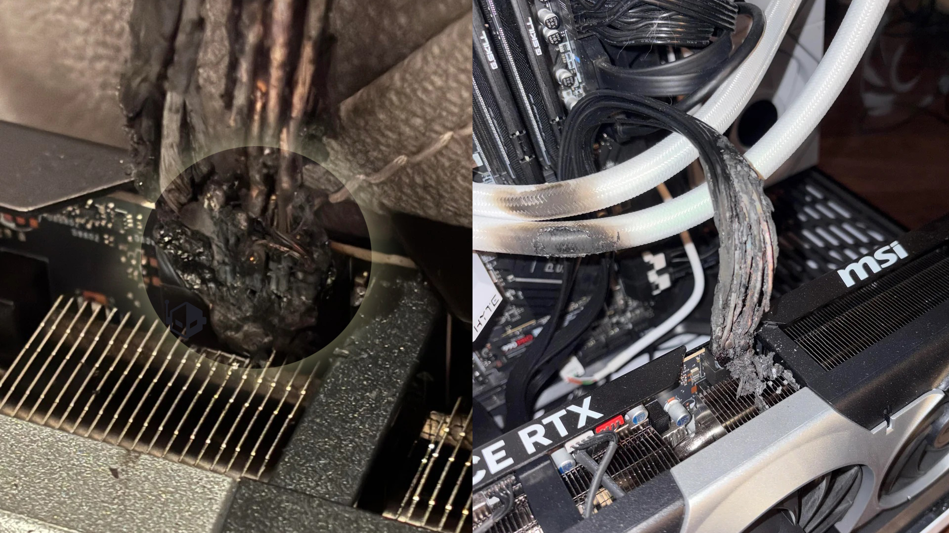 A damaged MSI GeForce RTX graphics card with charred and melted power connector cables is shown inside a PC build.