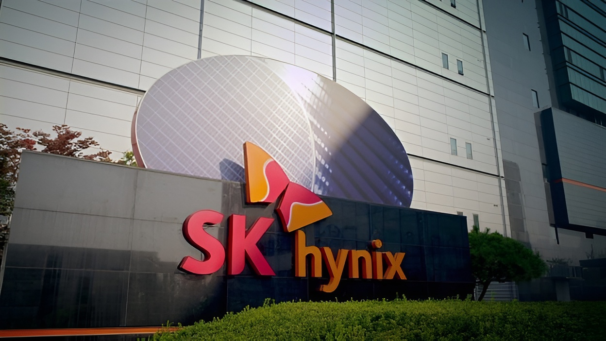 The SK hynix building exterior features a large logo with a stylized butterfly design in front of a metallic facade.