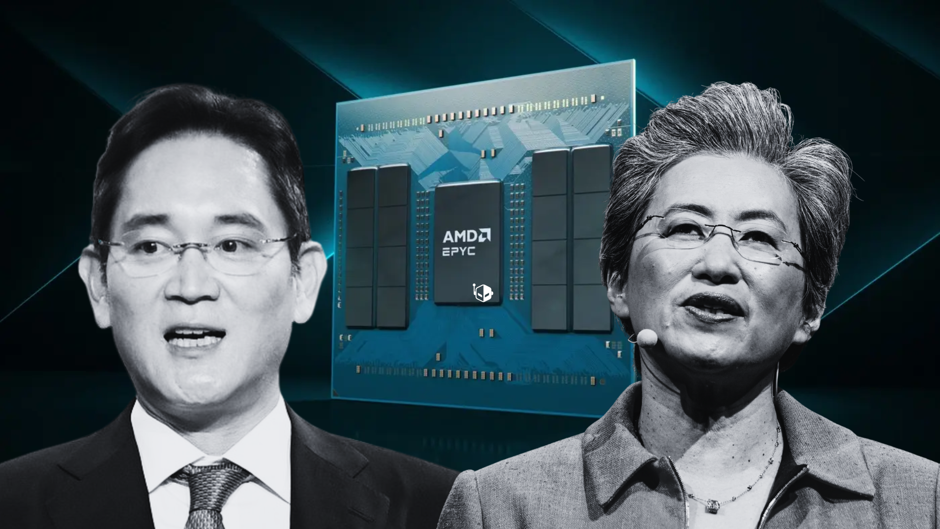 Two unidentified individuals are in front of a digital rendering of an AMD EPYC processor.