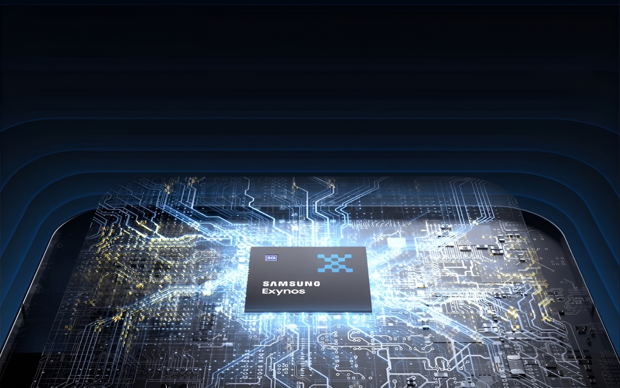 A Samsung Exynos chip is centered on a glowing circuit board, surrounded by stylized electronic pathways.