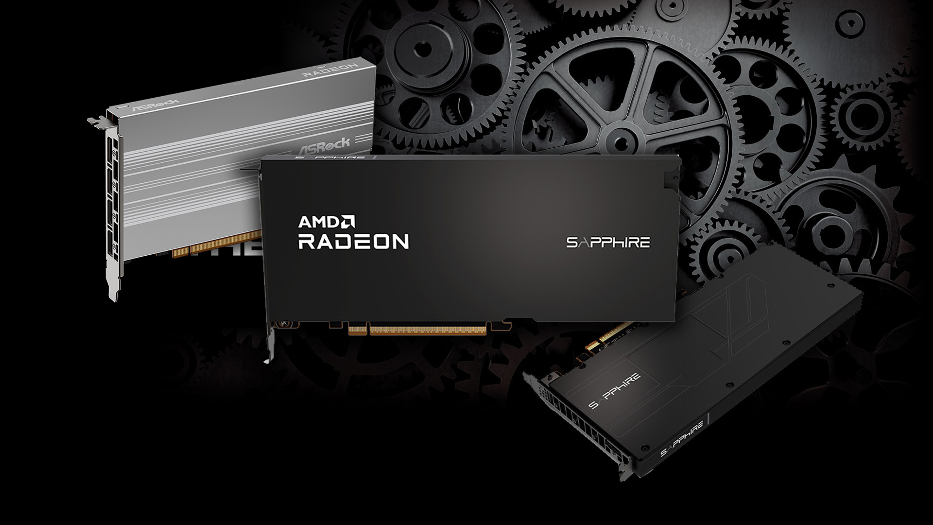 Three graphics cards from ASRock and Sapphire are shown against a backdrop of mechanical gears, with prominent AMD Radeon branding.