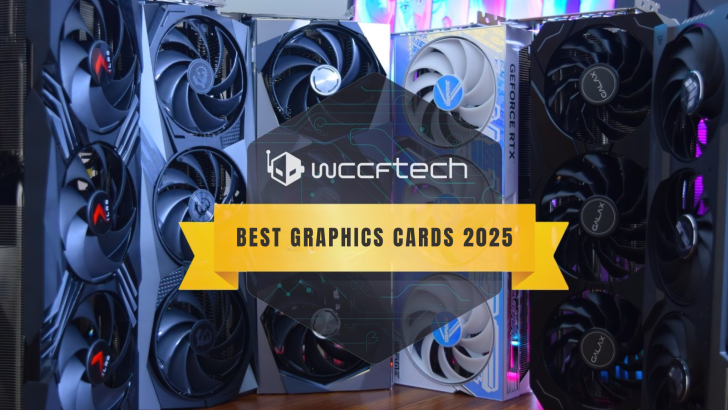 A selection of various branded graphics cards is displayed with a banner reading 'Best Graphics Cards 2025' in front of them.
