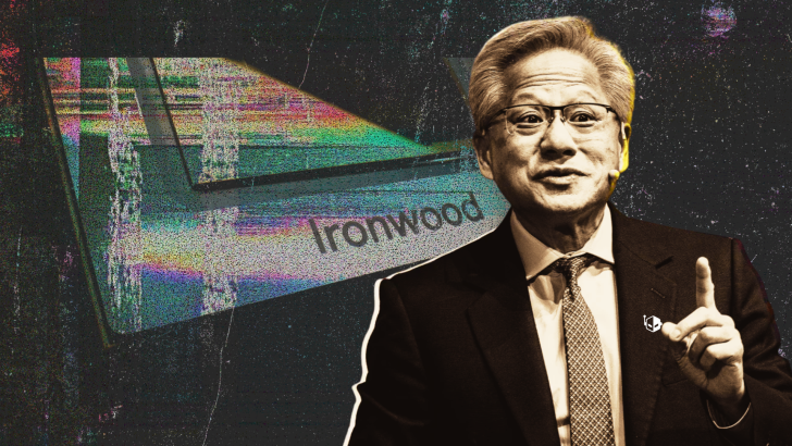A man gesturing with his hand is superimposed over an abstract background featuring a colorful, distorted chip labeled 'Ironwood'.