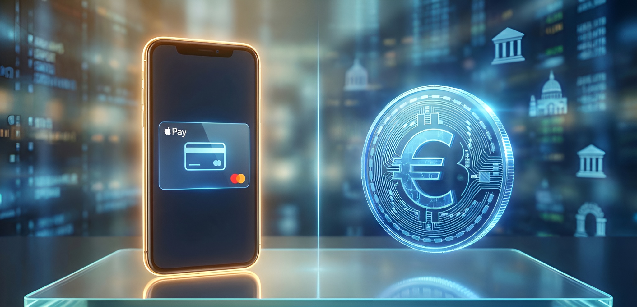 A smartphone displaying 'Apple Pay' with a Mastercard logo is placed next to a digital euro symbol on a reflective surface.