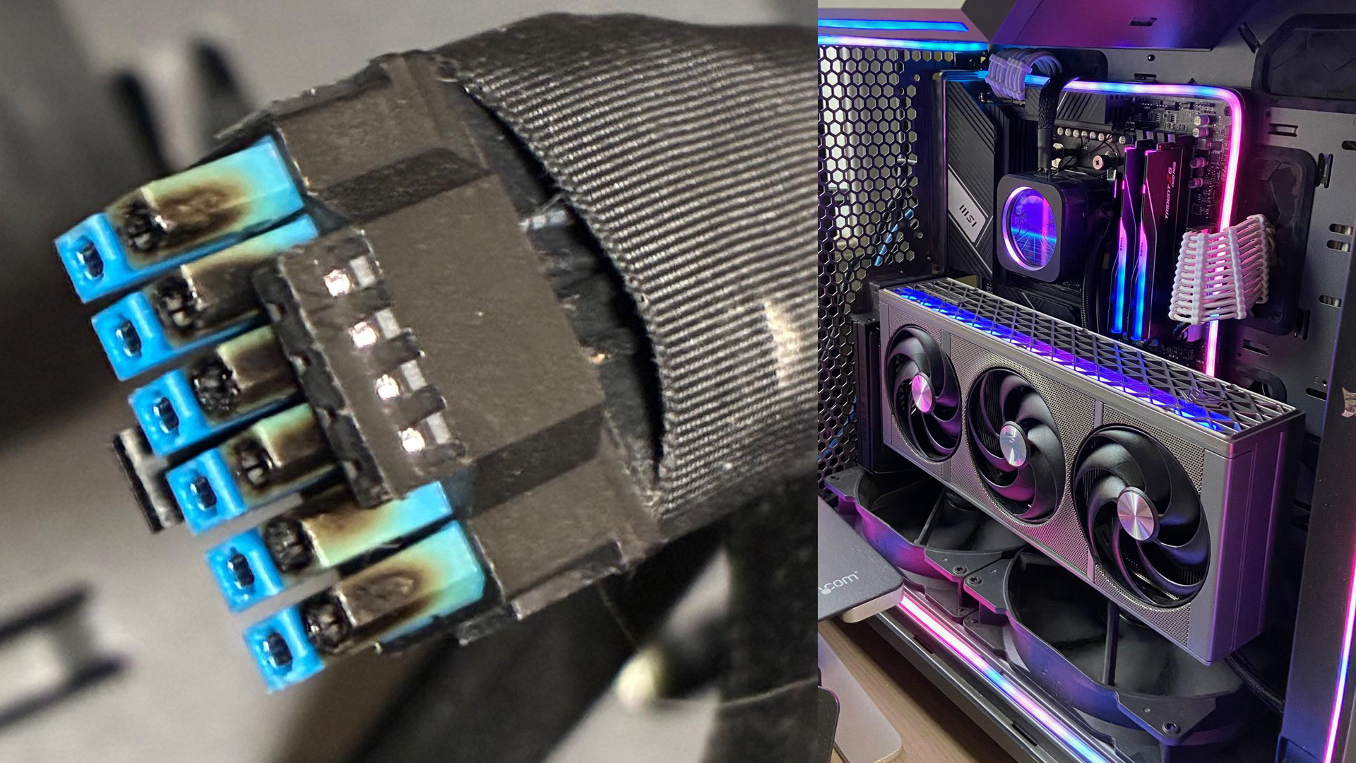 A close-up shows a burnt 12VHPWR connector next to a gaming PC with an AMD Radeon graphics card installed.