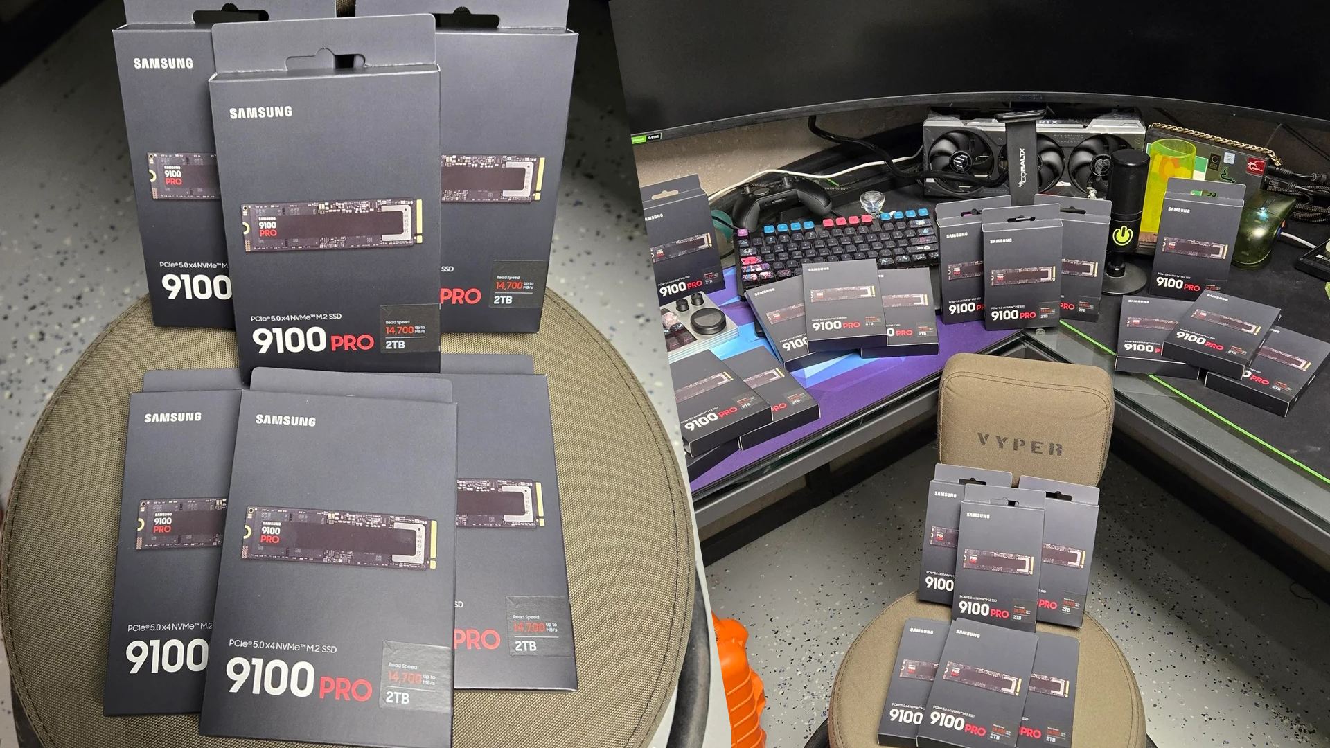 A collection of Samsung 9100 PRO PCIe 5.0 x4 NVMe M.2 SSD packages, each labeled with 'Read speed 14,700 MB/s' and '2TB,' displayed on a chair and a desk.