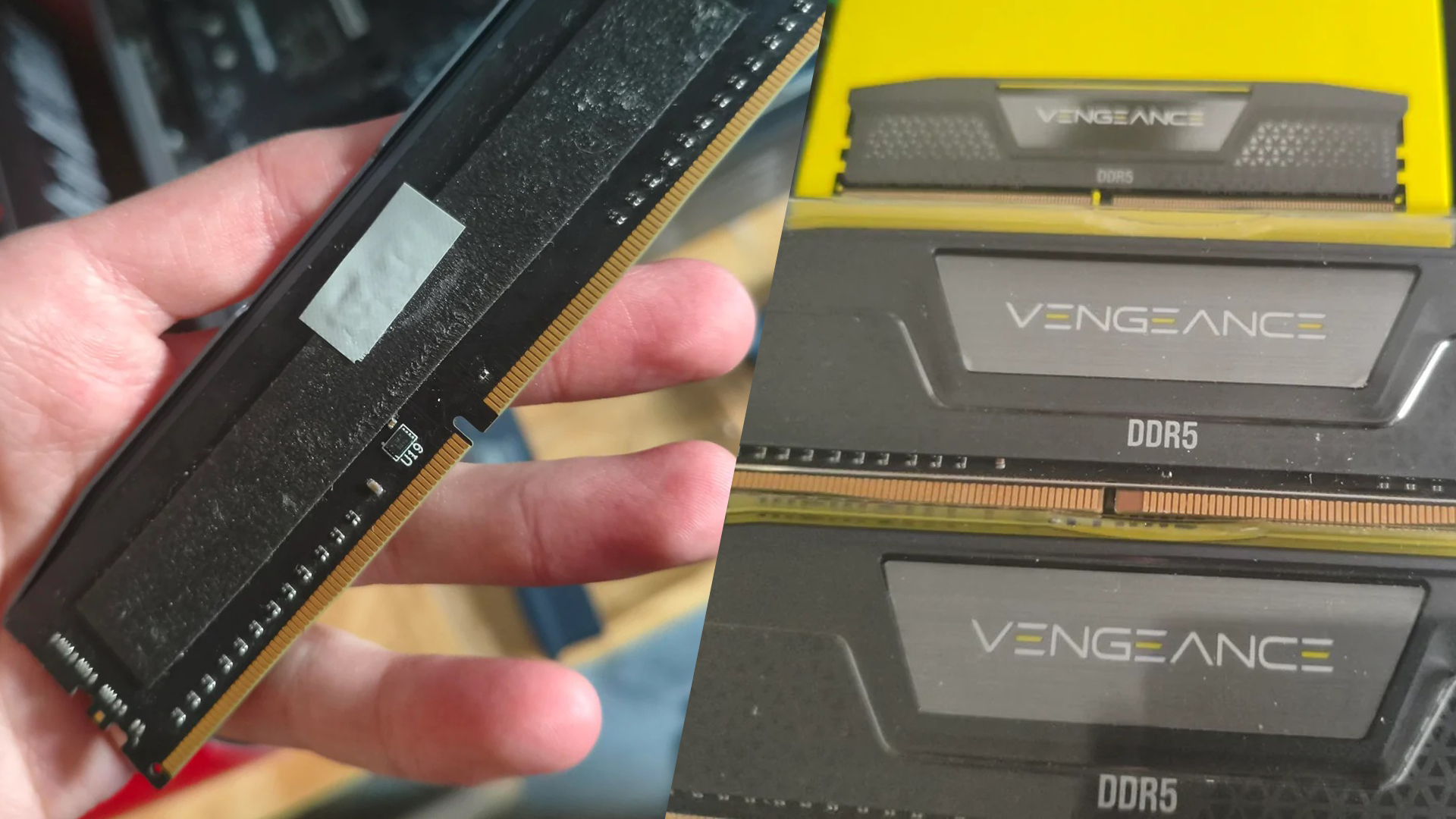 A close-up of two Corsair Vengeance DDR5 RAM modules, one with a visible label 'VENGEANCE' and 'DDR5,' and the other unmarked module being held in a hand.