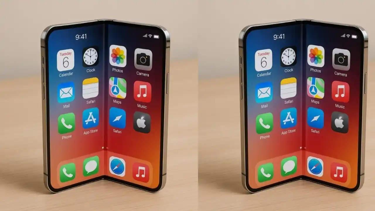 A concept image of a foldable Apple iPhone showing the home screen with app icons like Photos, Camera, and Safari, set on a wooden surface with a 9:41 time display.