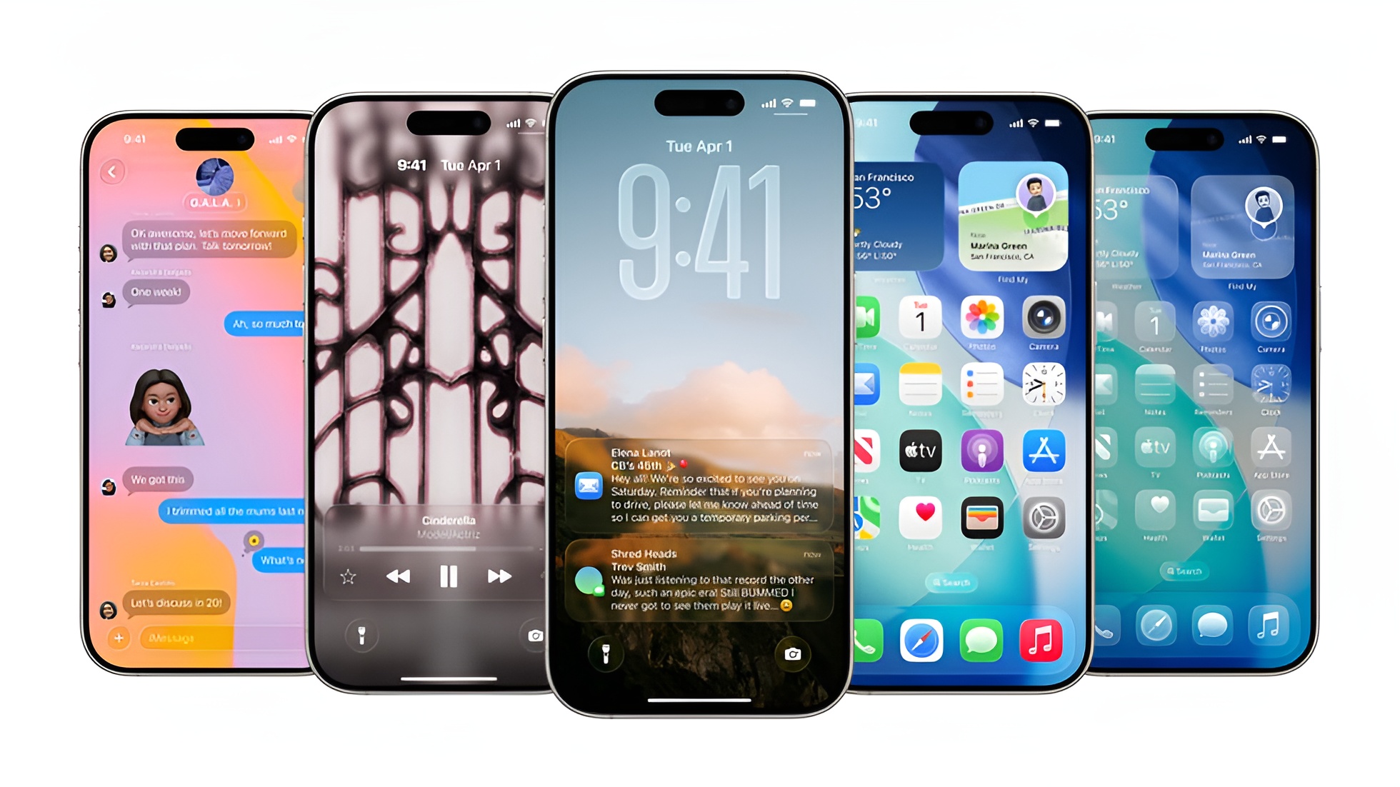 Five iPhone models display various screens, including messaging, music playback, lock screen with notifications, and home screens with app icons.
