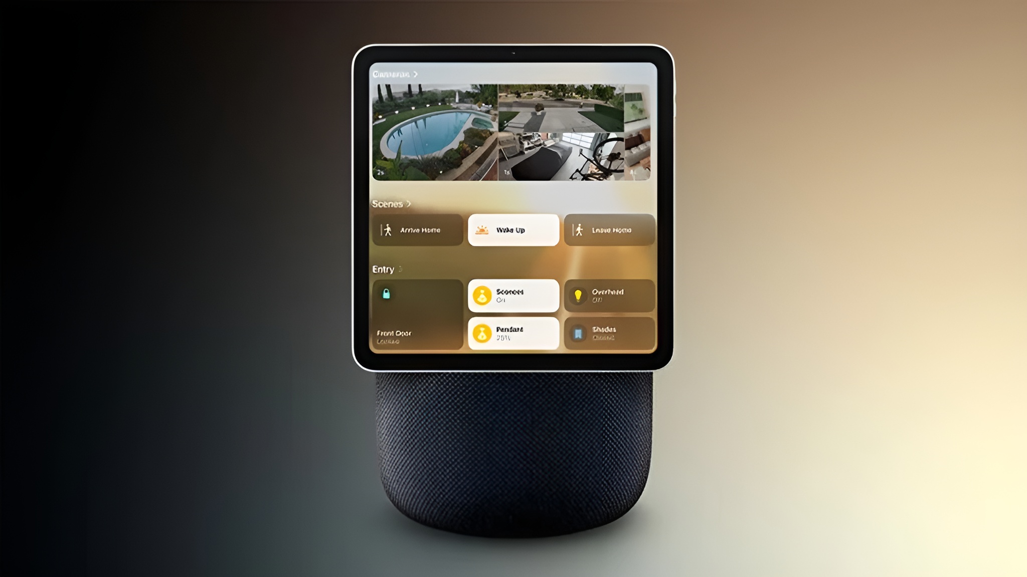 A tablet mounted on a smart speaker displays a home automation interface with options like 'Wake Up' and video feeds from security cameras.