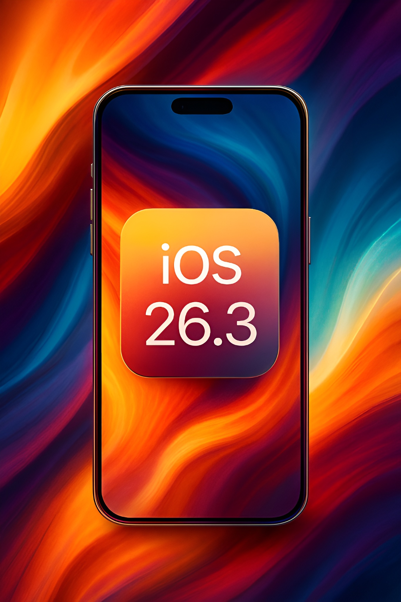 A smartphone with a colorful, abstract background displays 'iOS 26.3' prominently on the screen.
