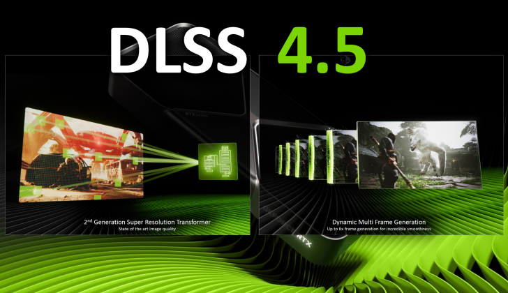 The image showcases NVIDIA's 'DLSS 4.5' technology with visuals highlighting the '2nd Generation Super Resolution Transformer' and 'Dynamic Multi Frame Generation' on an RTX 5090 GPU.
