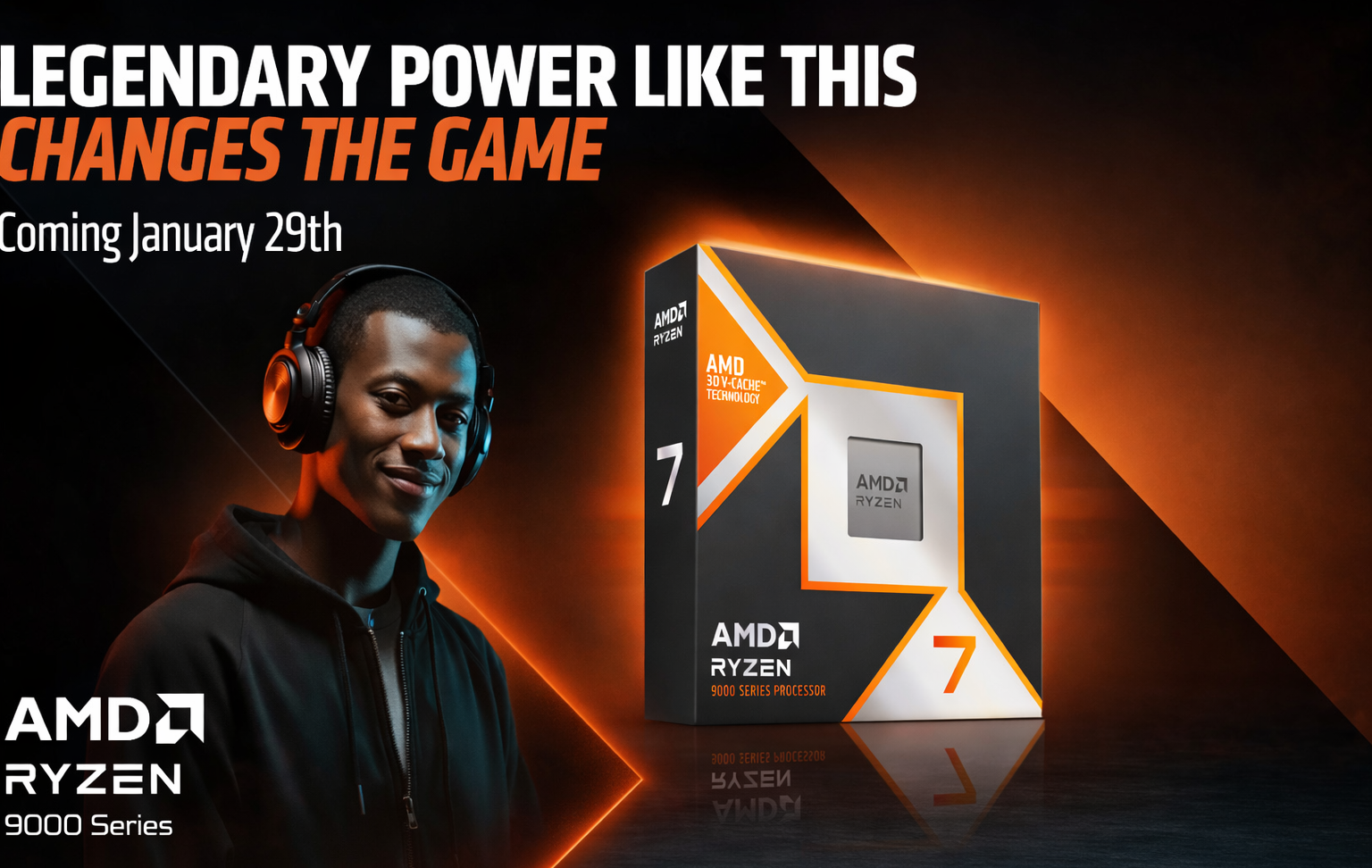 A promotional image shows the AMD Ryzen 9000 Series processor with 'AMD 3D V-Cache Technology' text and a person wearing