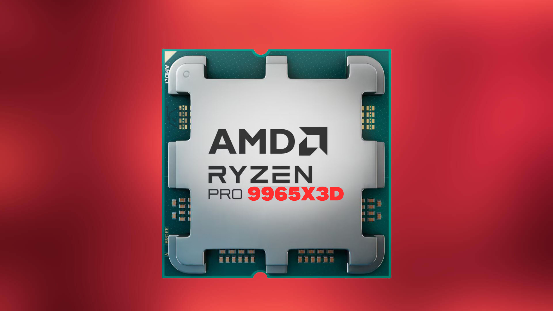 An AMD Ryzen Pro 9965X3D processor chip against a red background.