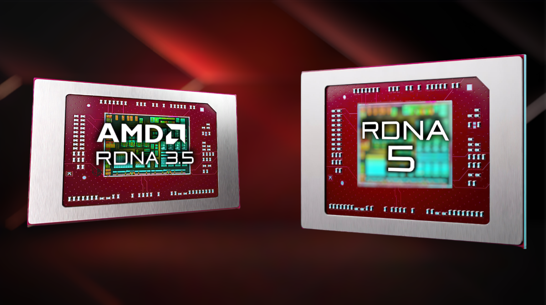 Two AMD chips labeled 'AMD RDNA 3.5' and 'RDNA 5' are displayed against a red gradient background.