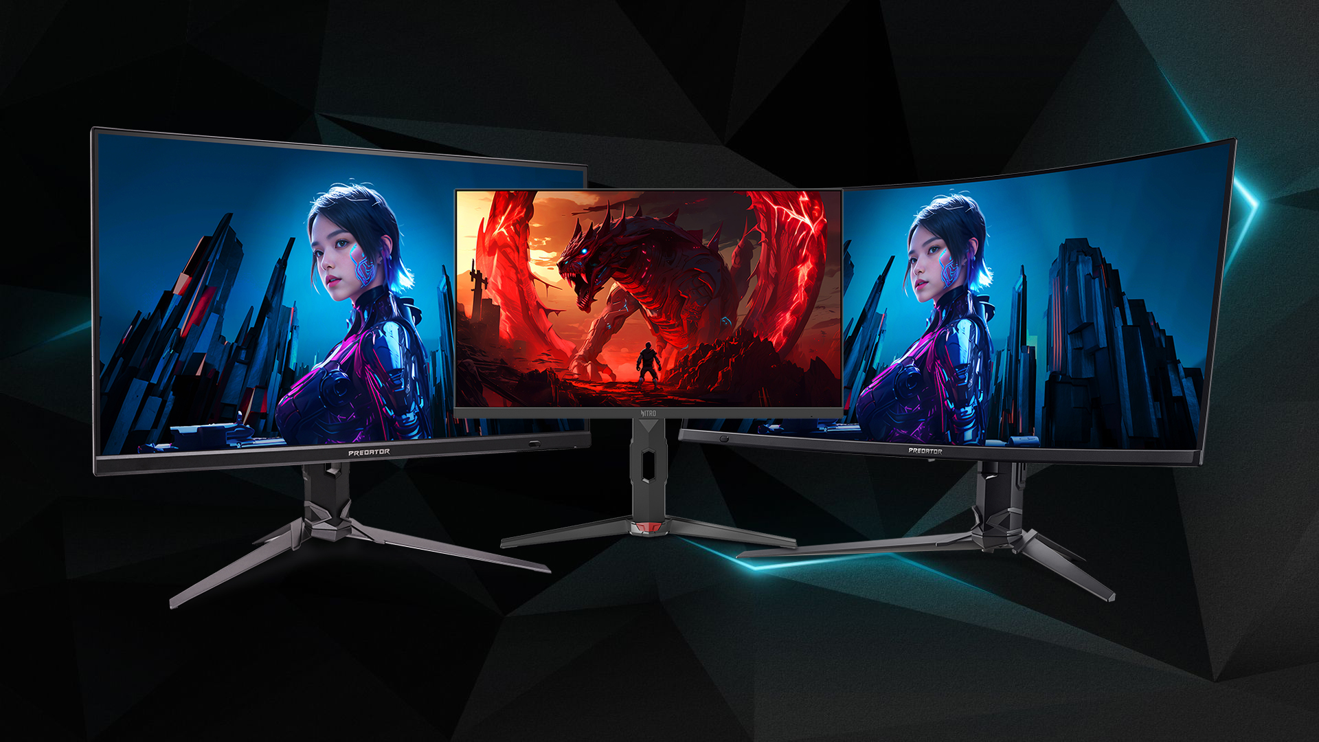 Three Acer monitors are displayed, two labeled Predator featuring a futuristic character design and one labeled Nitro depicting a person facing a dragon.