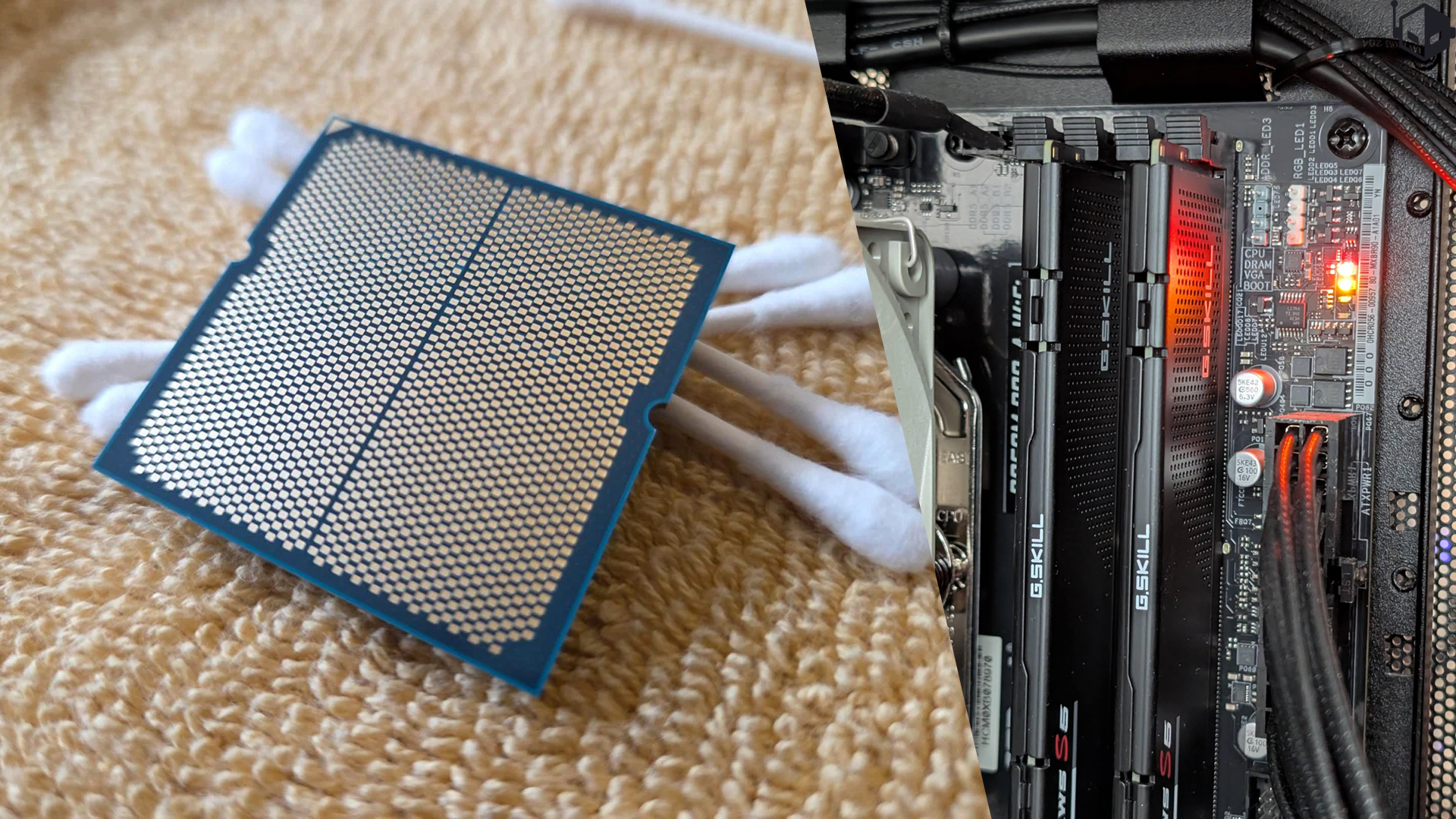 A split image showing an Intel processor resting on cotton swabs and a G.SKILL memory module installed in a motherboard.