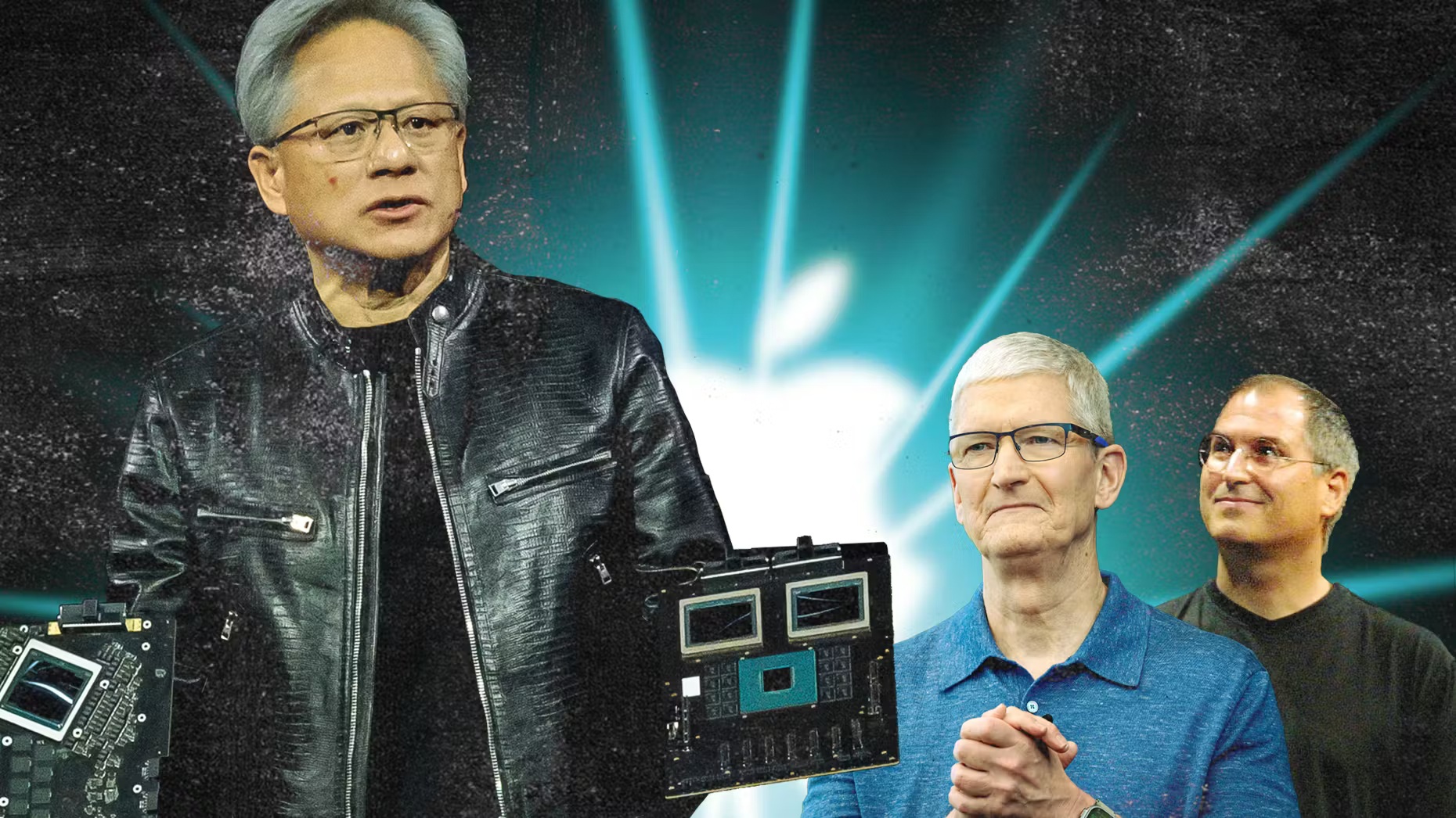 Three individuals are standing in front of an Apple logo, with one holding a computer motherboard.
