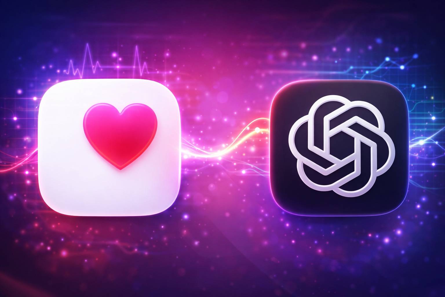 A digital illustration shows a pink heart icon and the OpenAI logo connected by a glowing pulse line on a purple background
