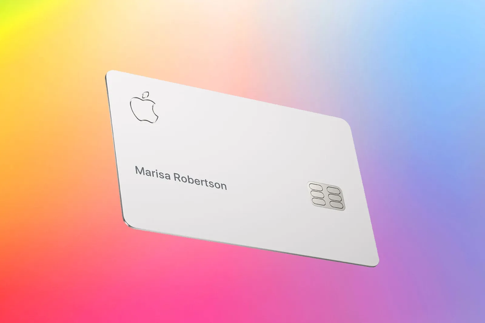 A digital rendering of an Apple Card featuring the Apple logo and the name 'Marisa Robertson' on a gradient background.