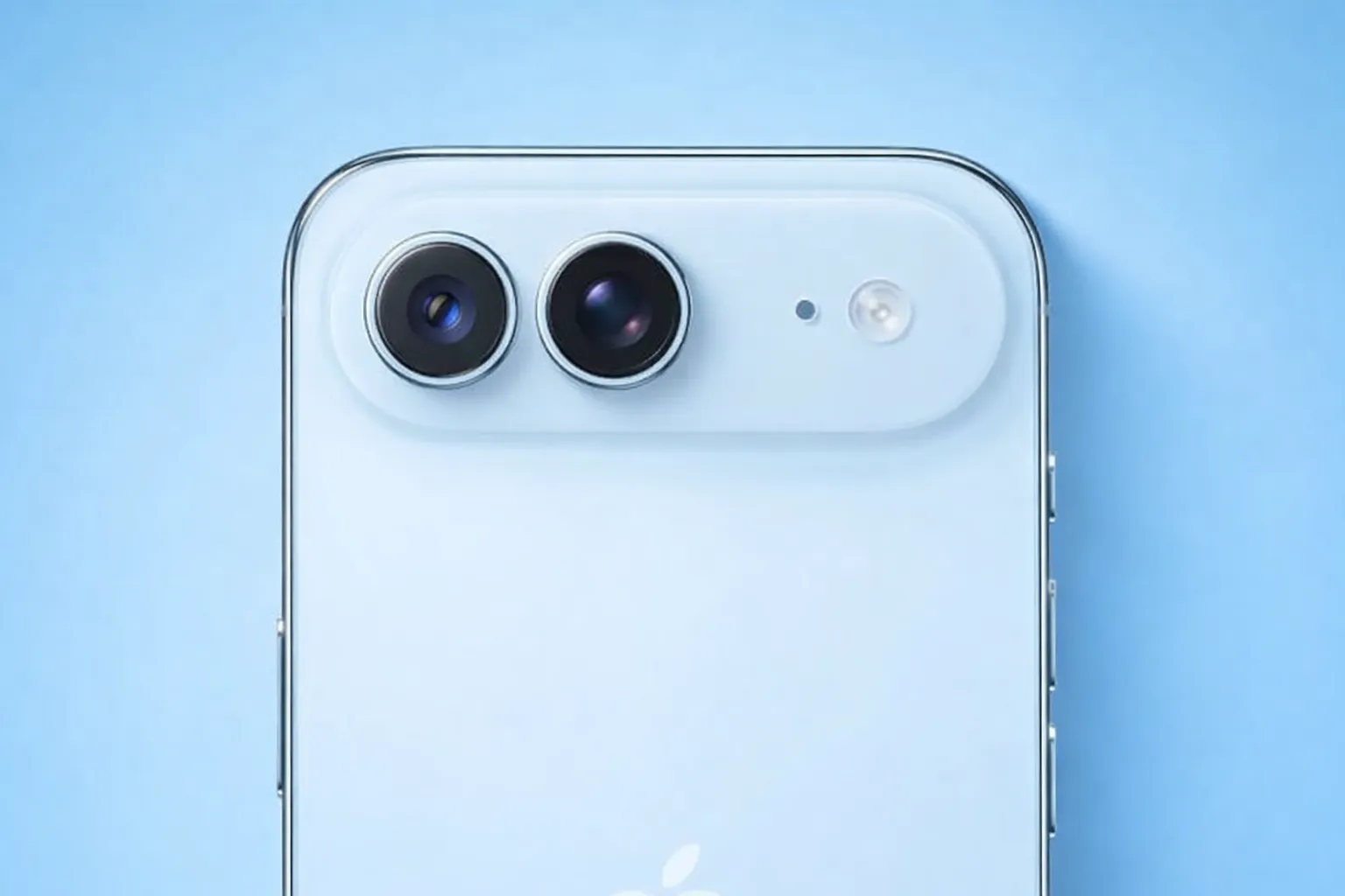 The back of an Apple iPhone 15 in light blue, featuring a dual-camera system and a flash on a blue background.