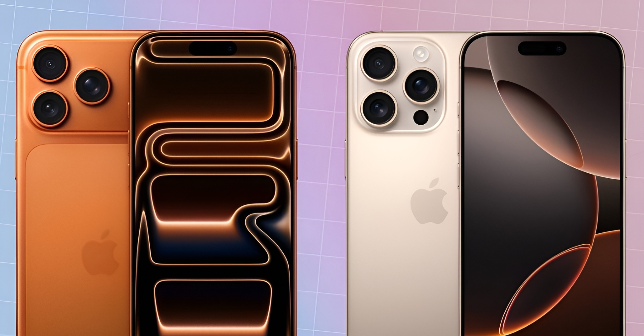 The image shows two Apple smartphones, one in orange with three rear cameras and one in cream with three rear cameras, both featuring distinctive screen designs.