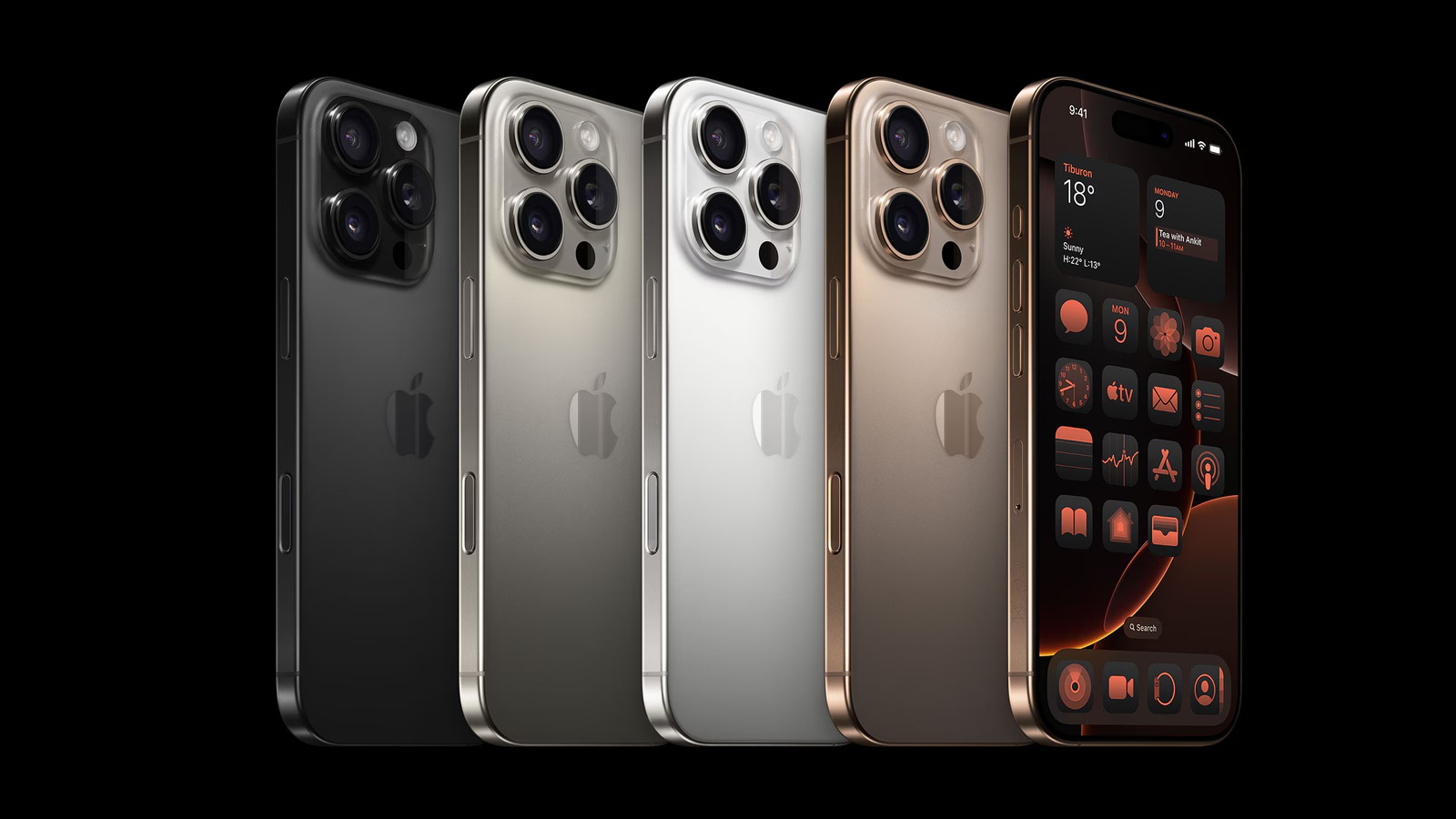 Five Apple iPhone 15 Pro phones are displayed in a row, with the screens showing a customized app layout, and the devices