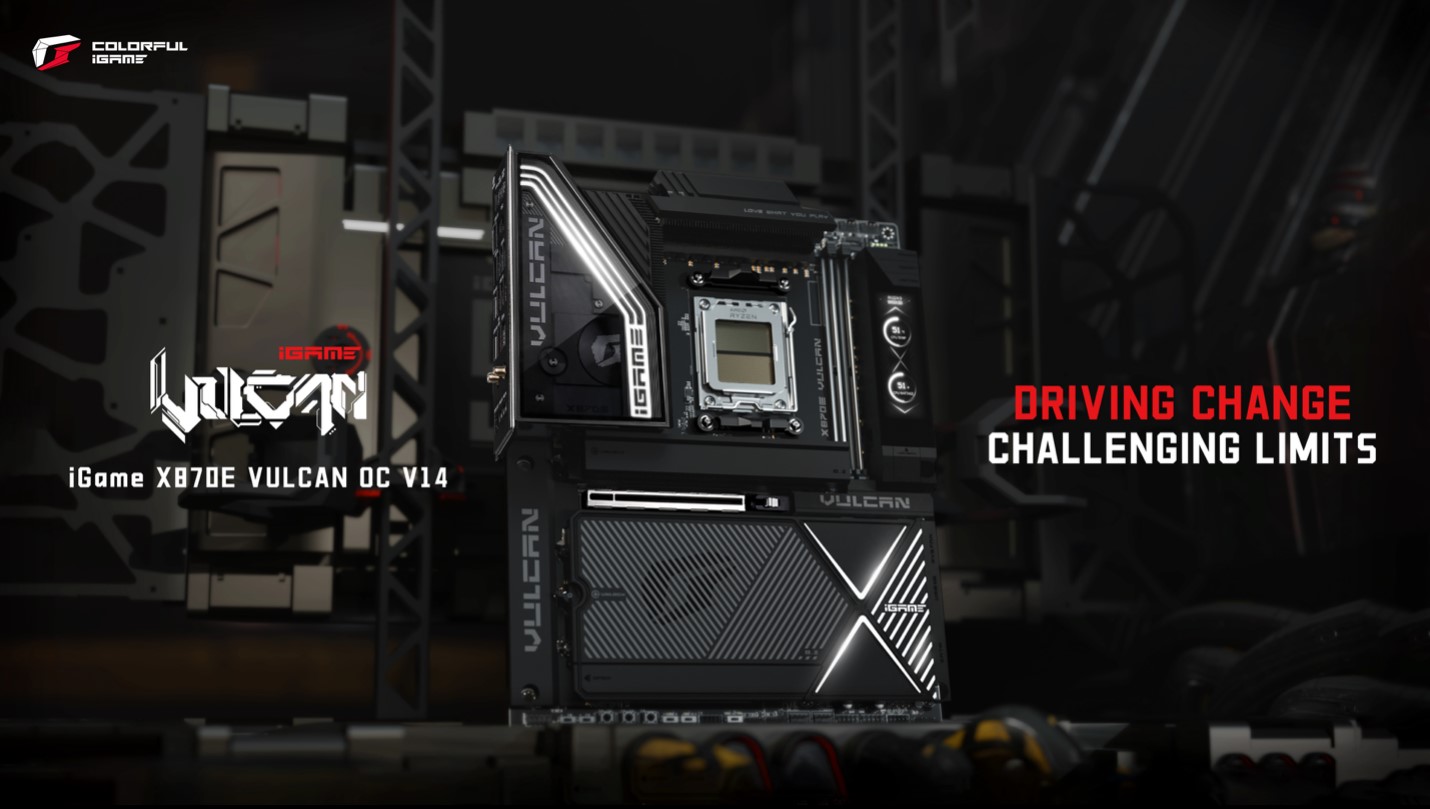 The image shows the Colorful iGame X670E Vulcan OC V14 motherboard with the text 'DRIVING CHANGE CHALLENGING LIMITS'.