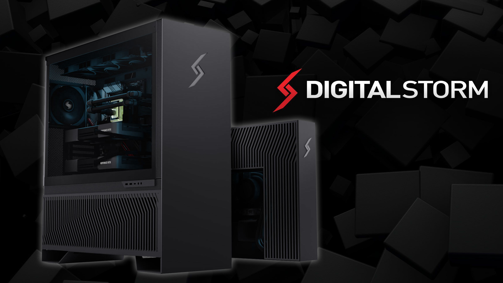 Digital Storm gaming desktops showcasing NVIDIA GeForce RTX graphics cards are displayed against a dark geometric background, with the 'Digital Storm' logo prominently visible.