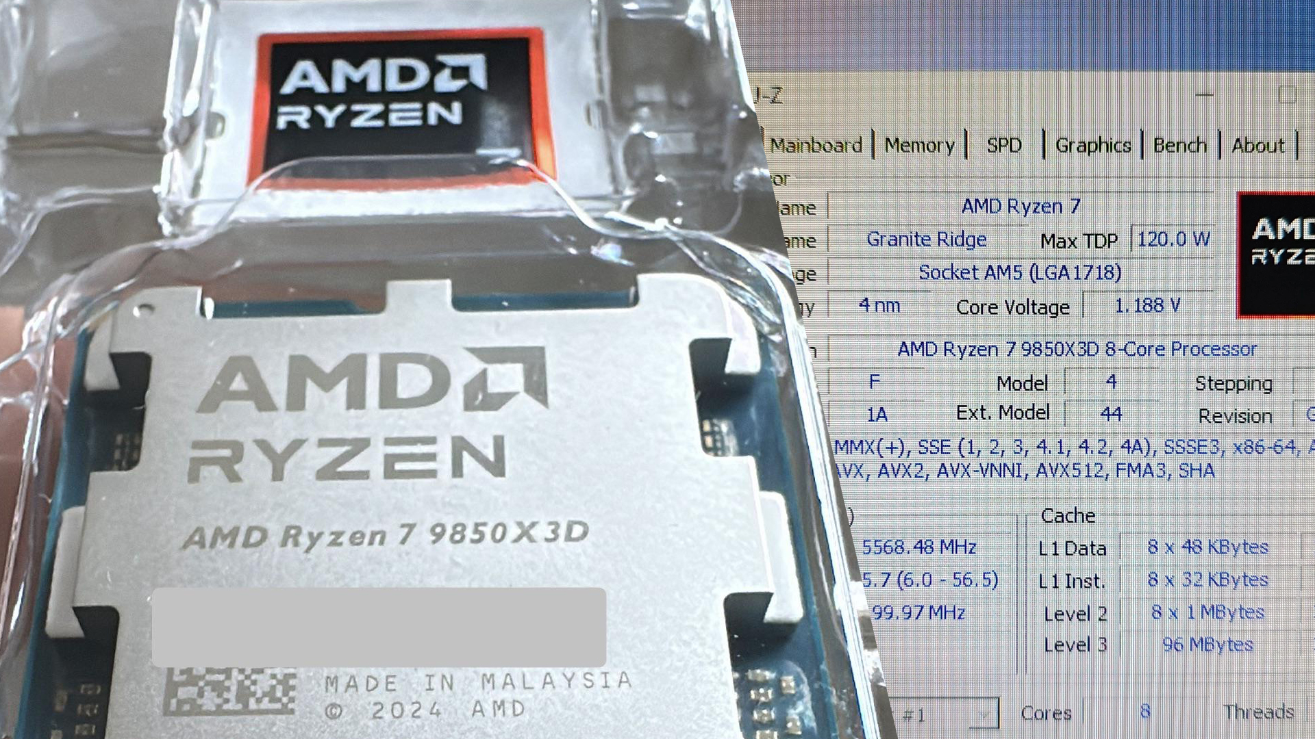 The image shows the AMD Ryzen 7 9850X3D processor in packaging alongside a CPU-Z screen displaying its specifications,