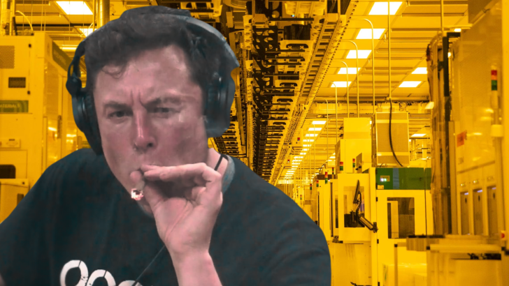 A person wearing headphones holds a cigar-like object inside an industrial facility with yellow lighting.