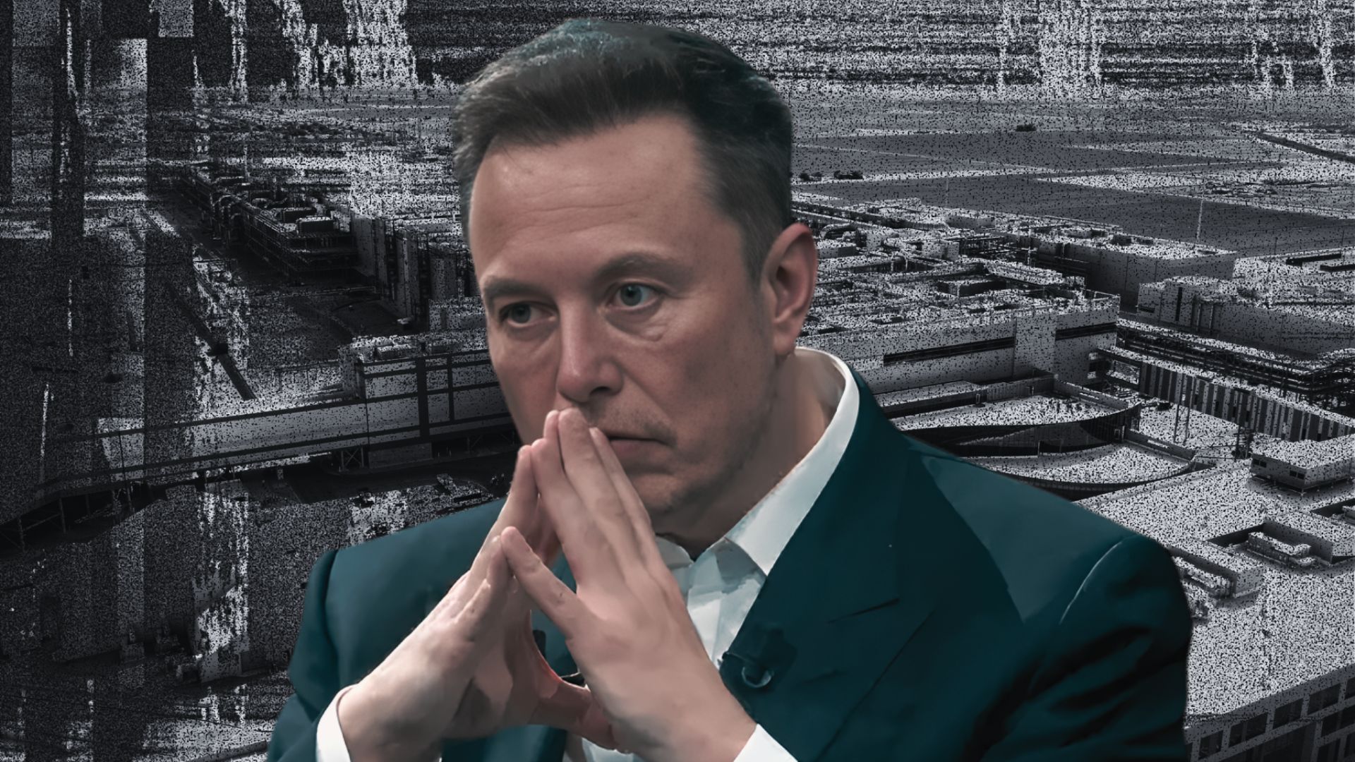 A person in a suit is deep in thought with a grayscale, textured industrial background.