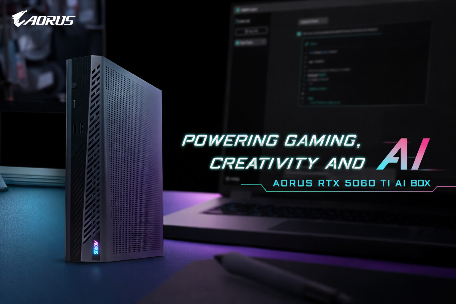 A close-up of the AORUS RTX 5060 Ti AI Box with text reading 'Powering Gaming, Creativity and AI.'