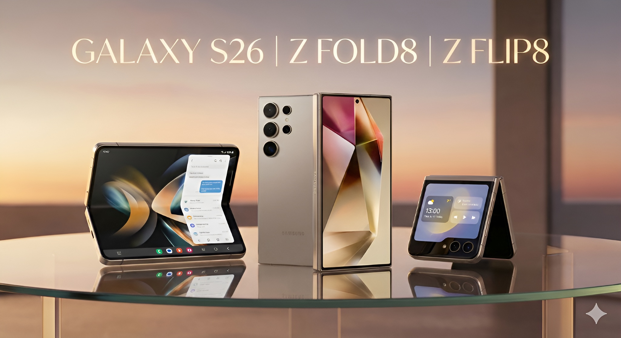 A display of Samsung Galaxy S26, Z Fold8, and Z Flip8 smartphones on a glass table with sunset background and phone features visible on screens.