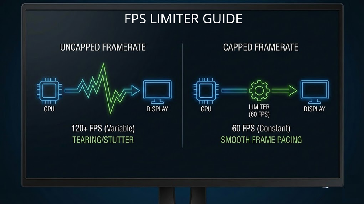 A presentation slide titled 'FPS Limiter Guide' contrasts 'Uncapped Framerate' causing 'Tearing/Stutter' with 'Capped