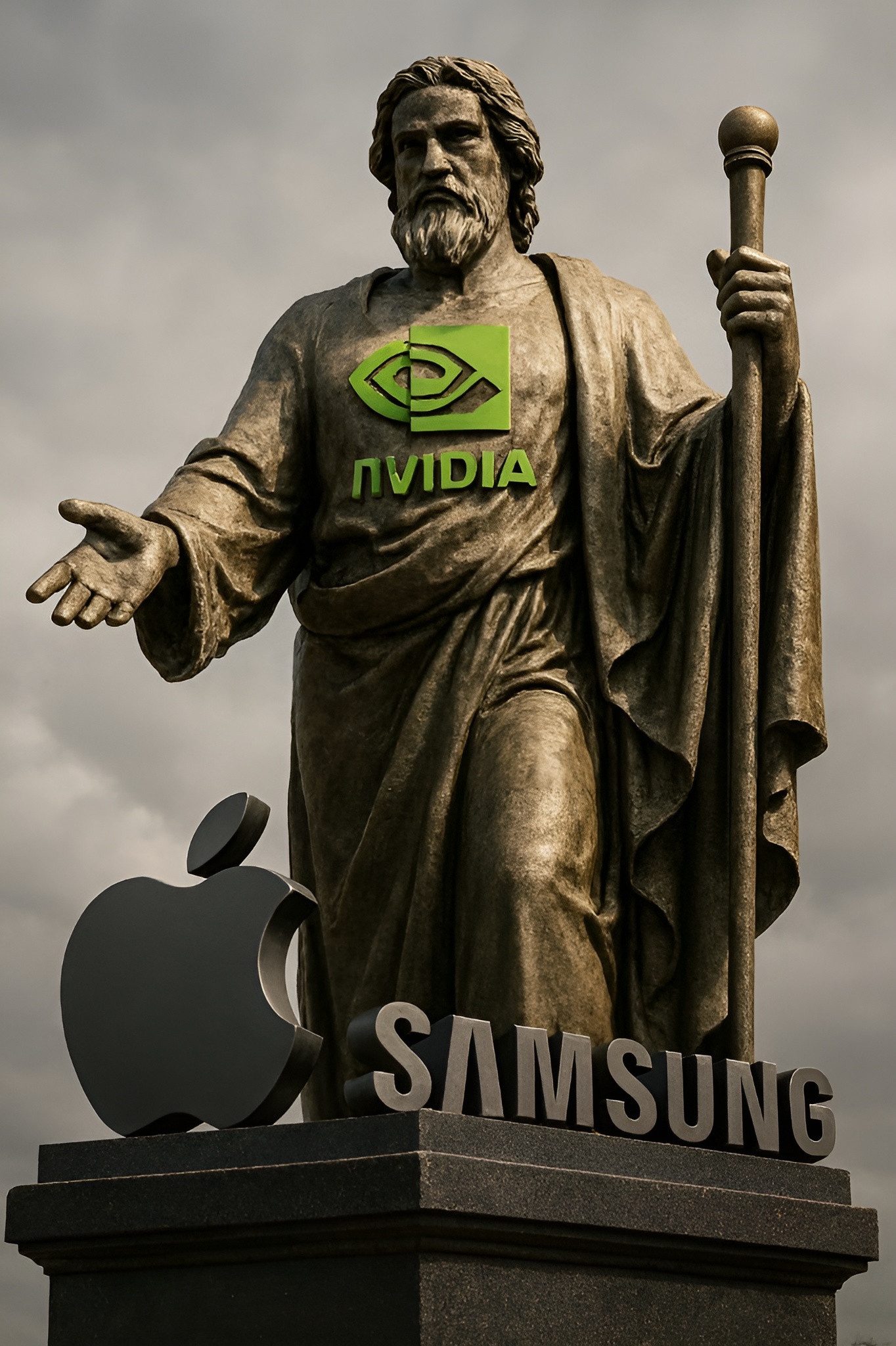 A statue of a robed figure with an 'NVIDIA' logo on its chest, standing above 'Apple' and 'Samsung' logos.