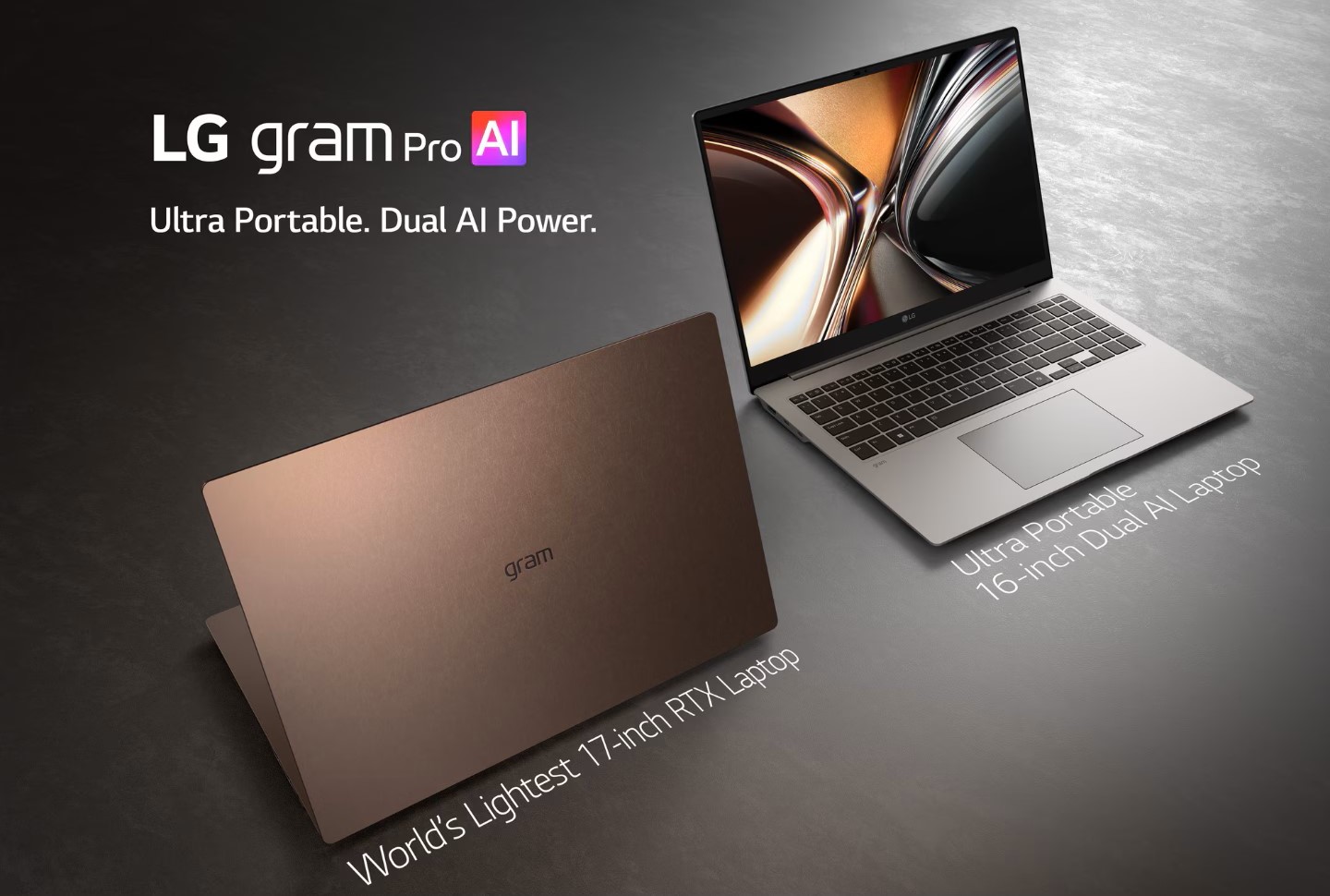 Two LG Gram Pro AI laptops are showcased, one labeled 'World’s Lightest 17-inch RTX Laptop' and the other 'Ultra Portable 16-inch Dual AI Laptop,' with the text 'Ultra Portable. Dual AI Power.'