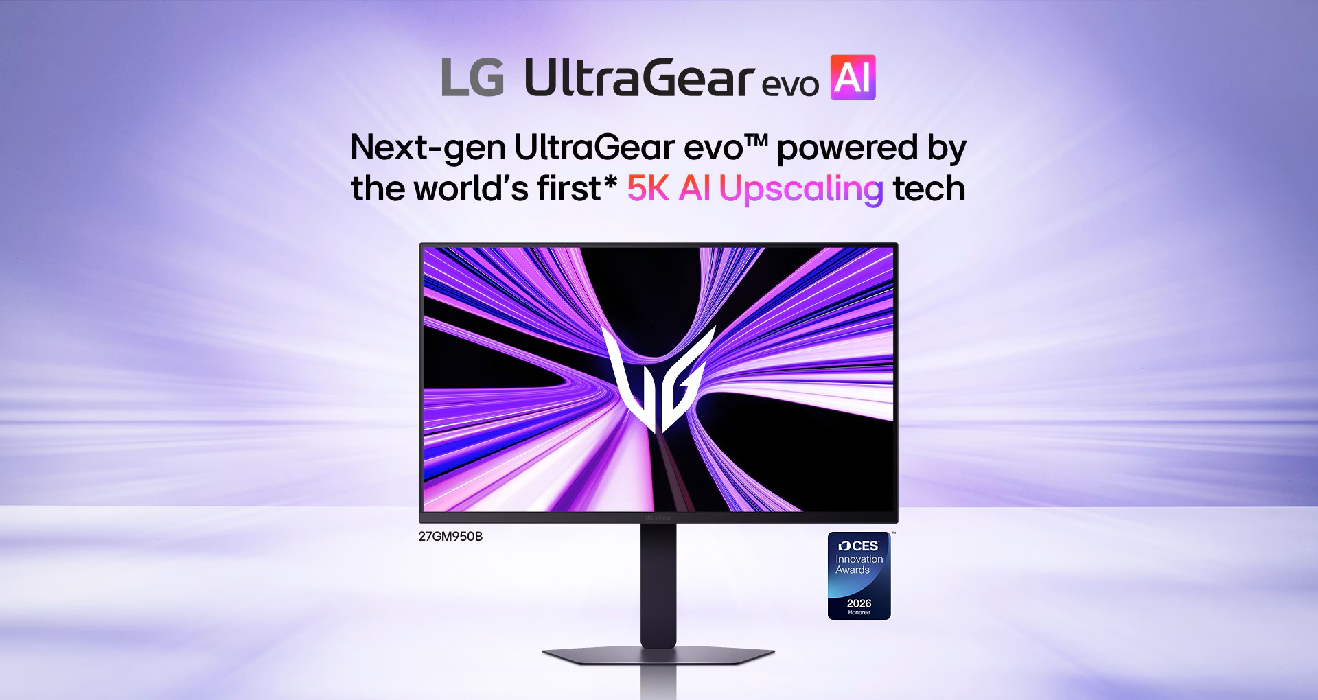 The image shows an LG UltraGear evo 27GM950B monitor featuring '5K AI Upscaling' technology, described as part of the next-gen UltraGear evo series and a CES 2026 Innovation Awards honoree.