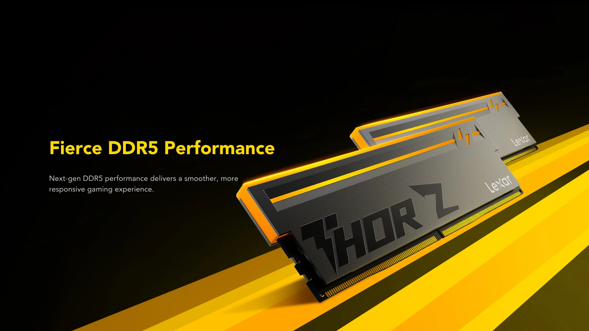 Lexar HORS Z RAM modules are shown against a yellow and black background with the text 'Fierce DDR5 Performance.'