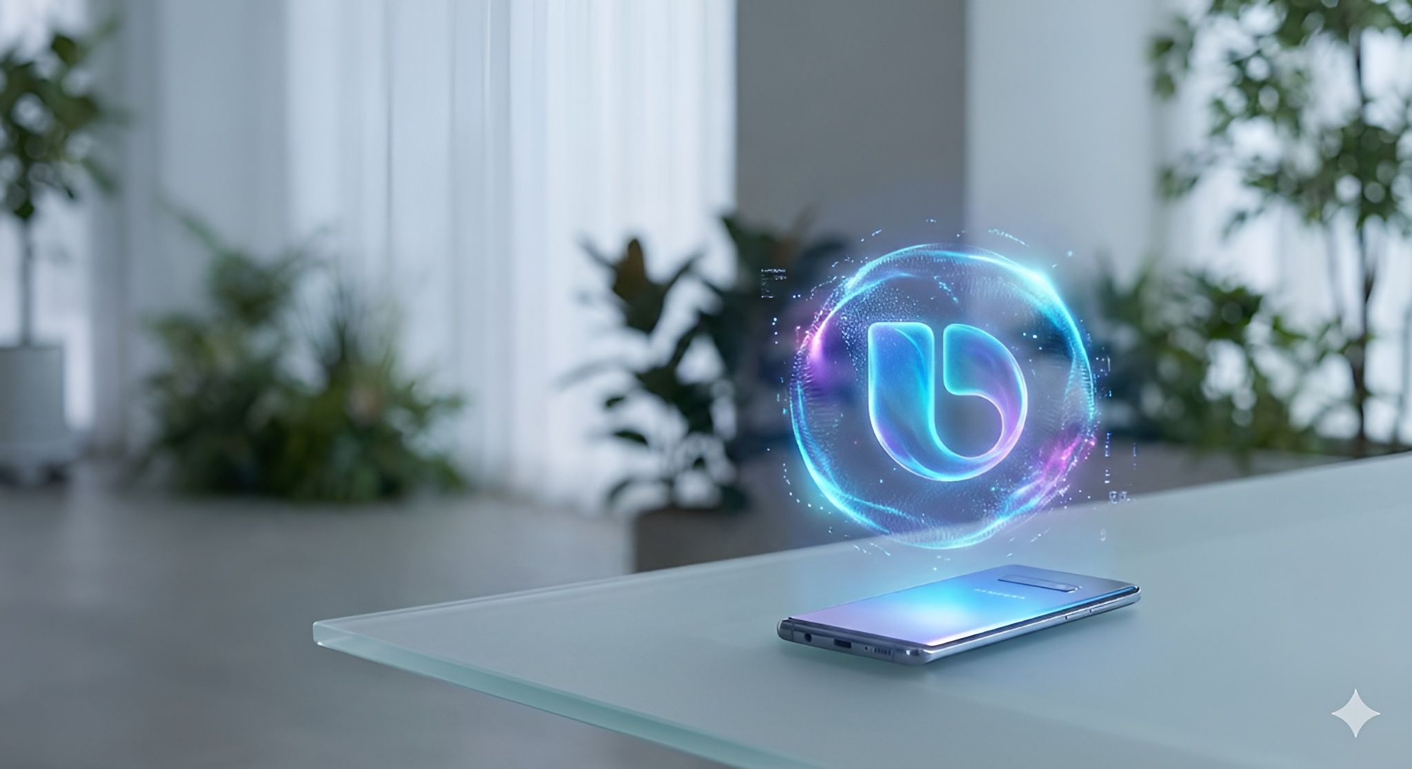 A Samsung smartphone on a glass table projects a glowing holographic logo of Samsung Bixby in a modern indoor setting.