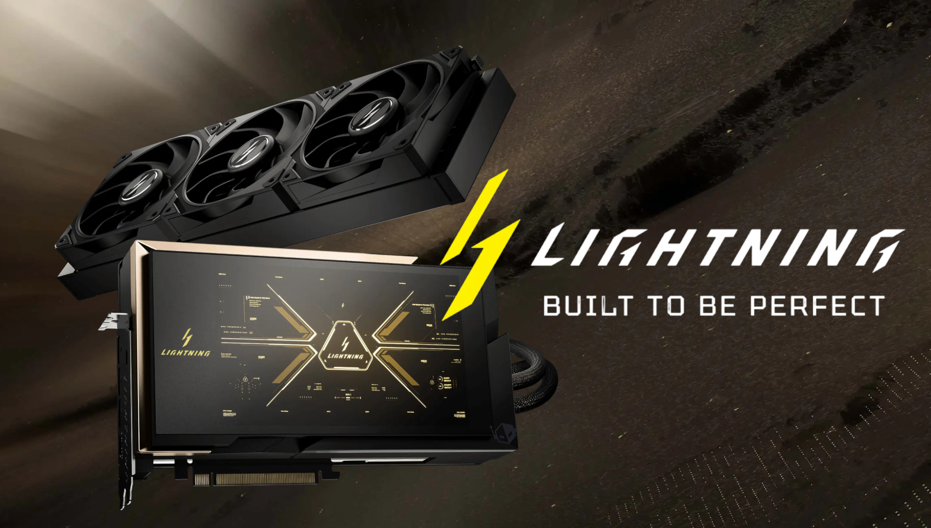 A graphics card with 'LIGHTNING' branding and a cooling system, accompanied by the text 'BUILT TO BE PERFECT'.