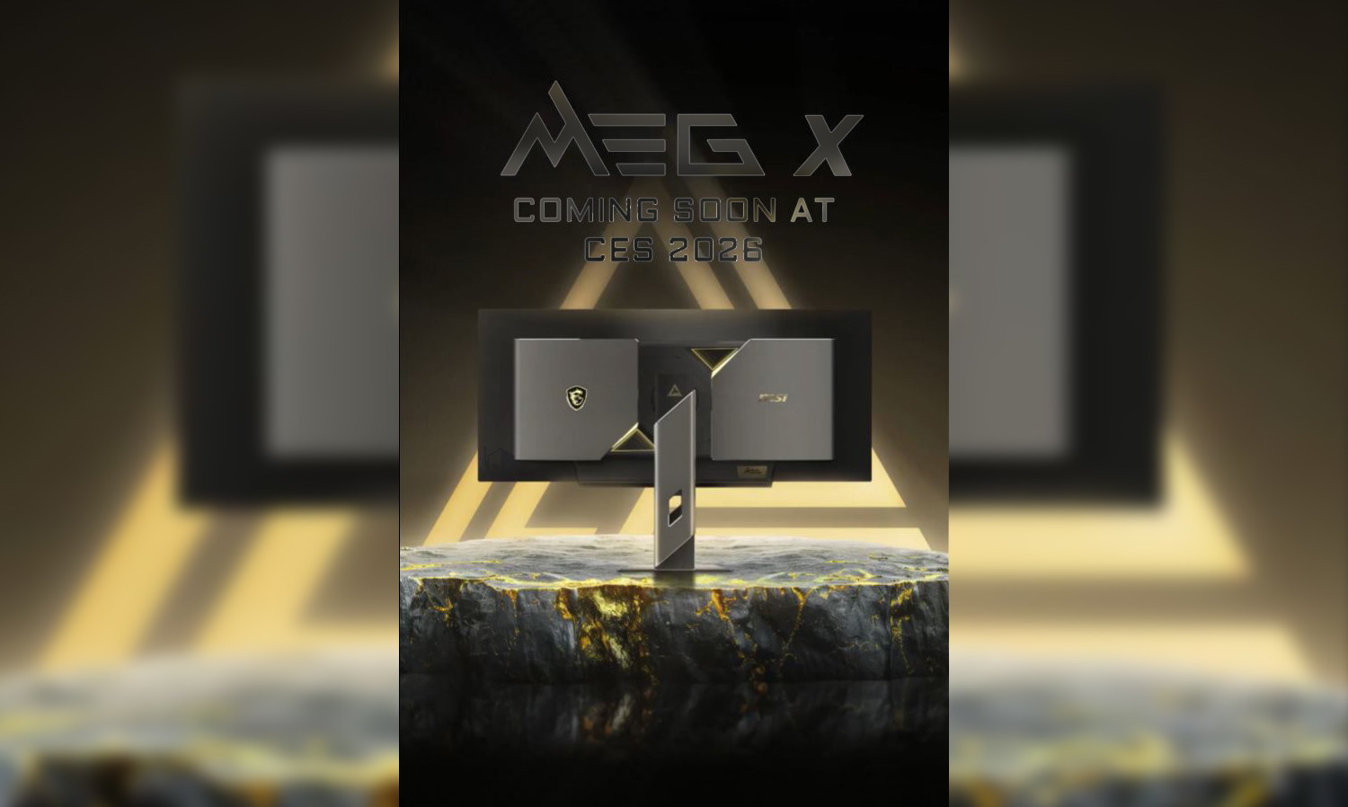 A graphic displaying a futuristic MSI device titled 'MEG X' with the text 'Coming Soon at CES 2026' in the background.