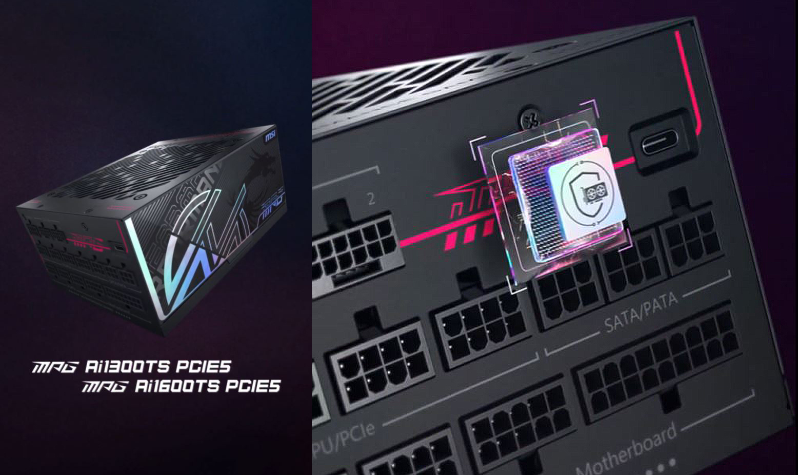 The image shows the MSI MPG A1300G PCIe5 and MPG A1600G PCIe5 power supplies, featuring intricate designs and multiple connection ports labeled SATA/PATA and Motherboard.