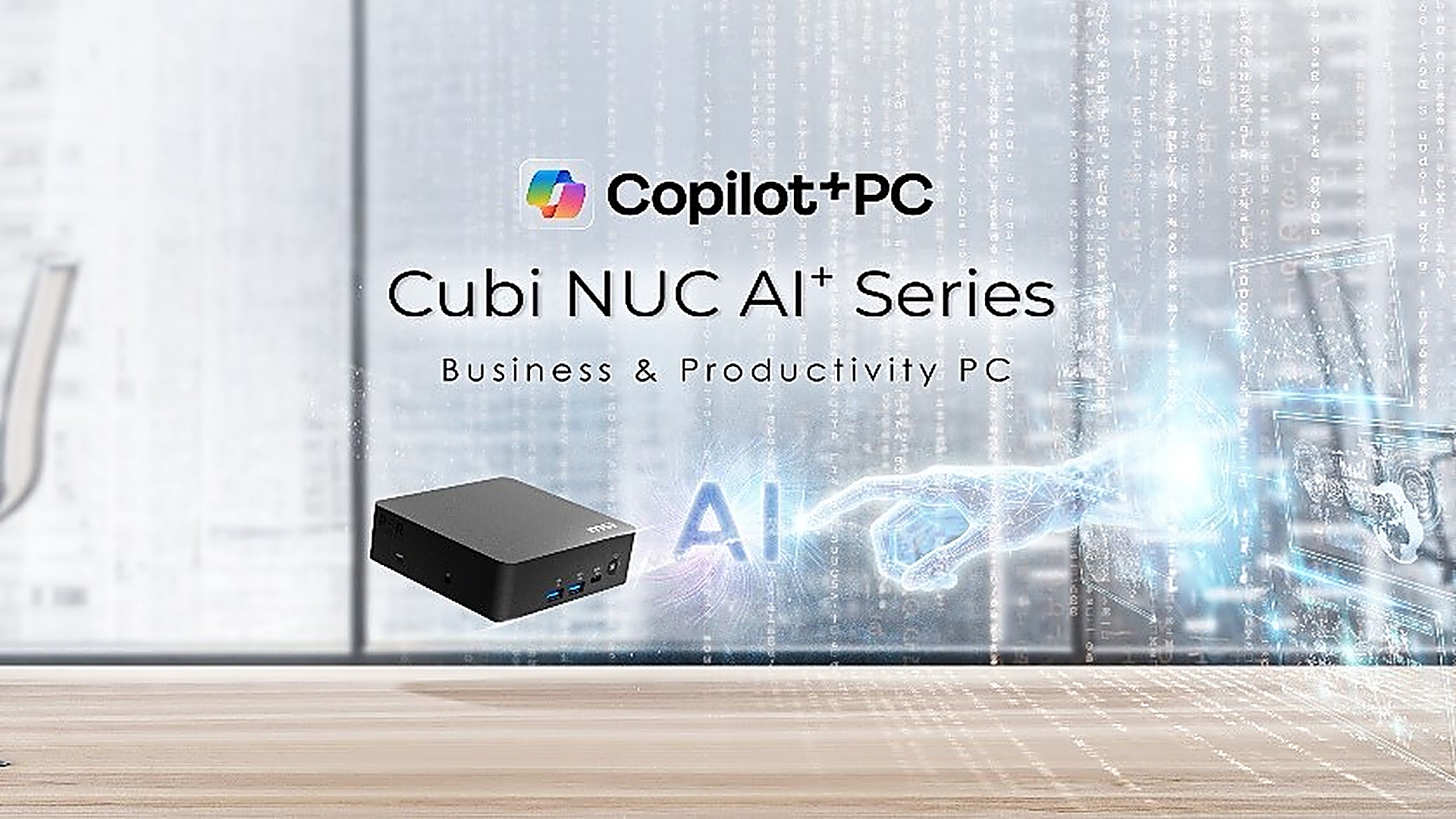 An advertisement for the MSI Cubi NUC AI+ Series, described as a 'Business & Productivity PC,' with a futuristic digital hand and 'AI' prominently displayed.