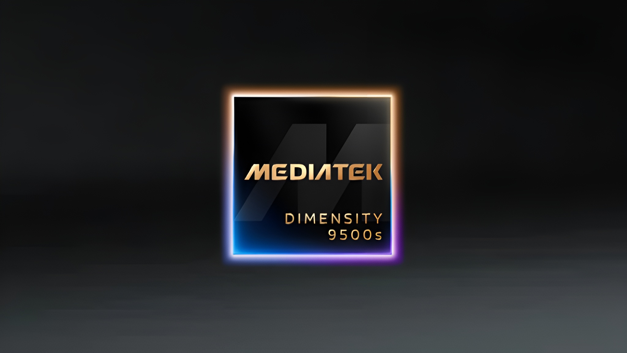 A MediaTek logo with text reading 'Dimensity 9500s' is displayed on a dark background with a glowing multicolored border.