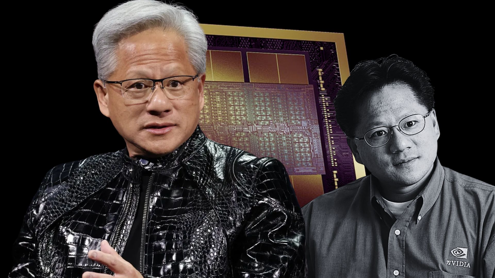 A person wearing a shiny, black jacket is in front of an NVIDIA chip and a grayscale image of the same person wearing an