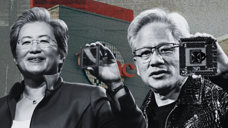 Two unidentified individuals holding semiconductor chips with a TSMC logo in the background.