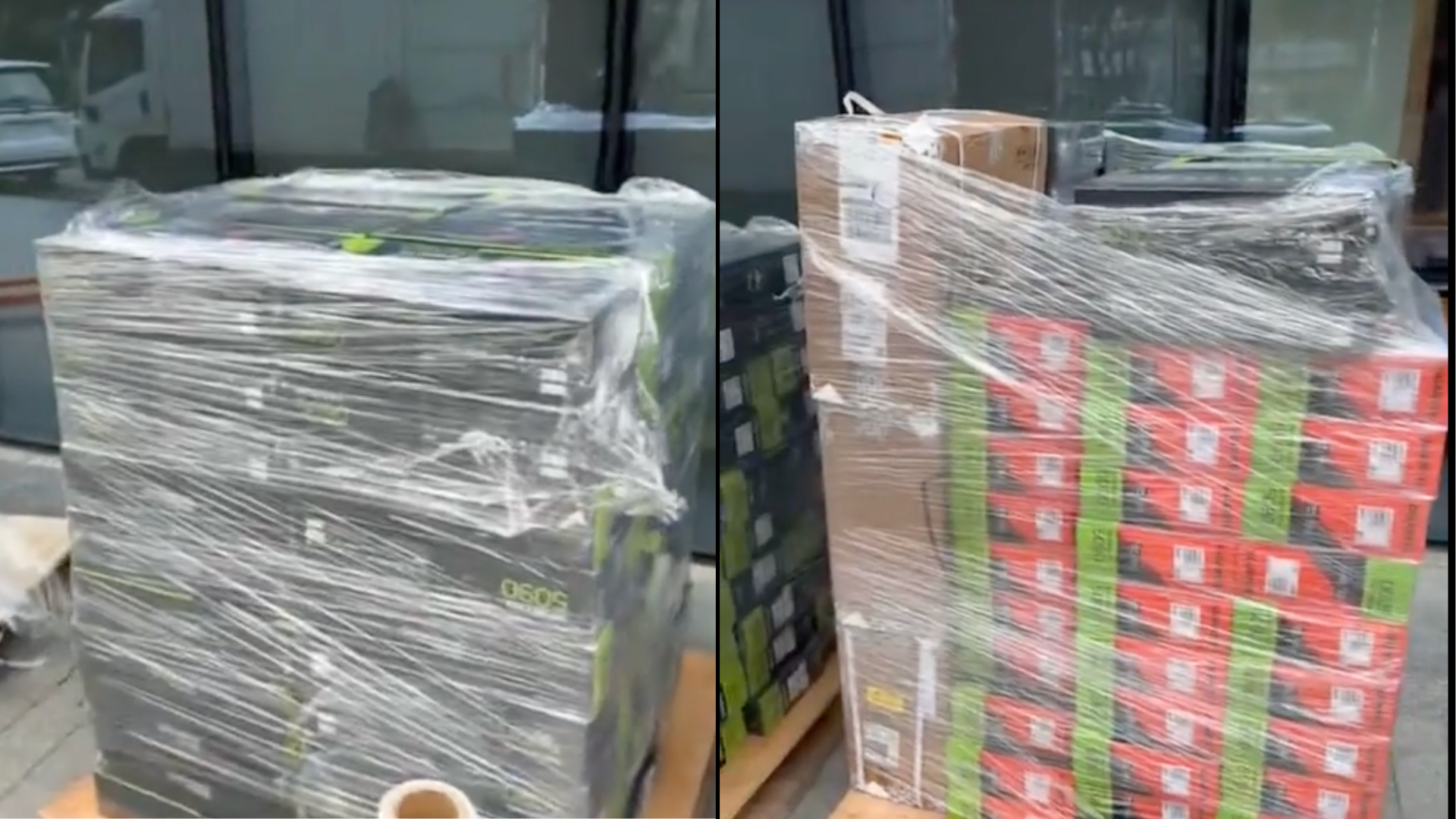 Shrink-wrapped pallets containing multiple NVIDIA GeForce graphics card boxes outside a building.