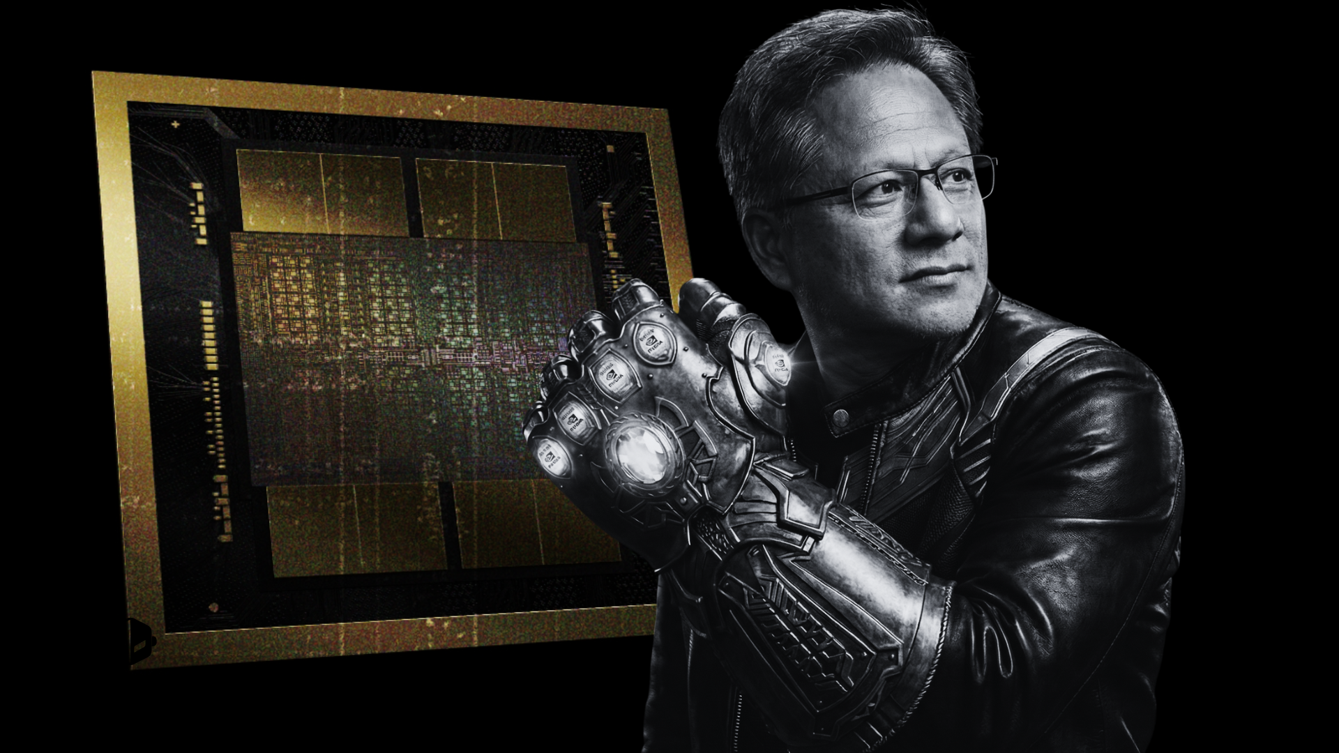 An individual wearing a futuristic gauntlet with visible Nvidia logos, positioned beside a large Nvidia chip.